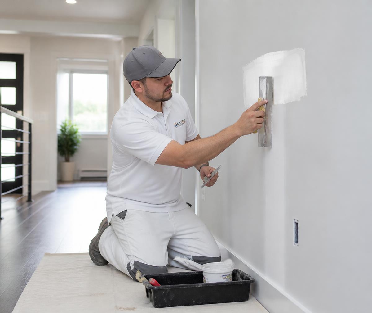 Key Family LLC technician repairing drywall inside a bright modern home